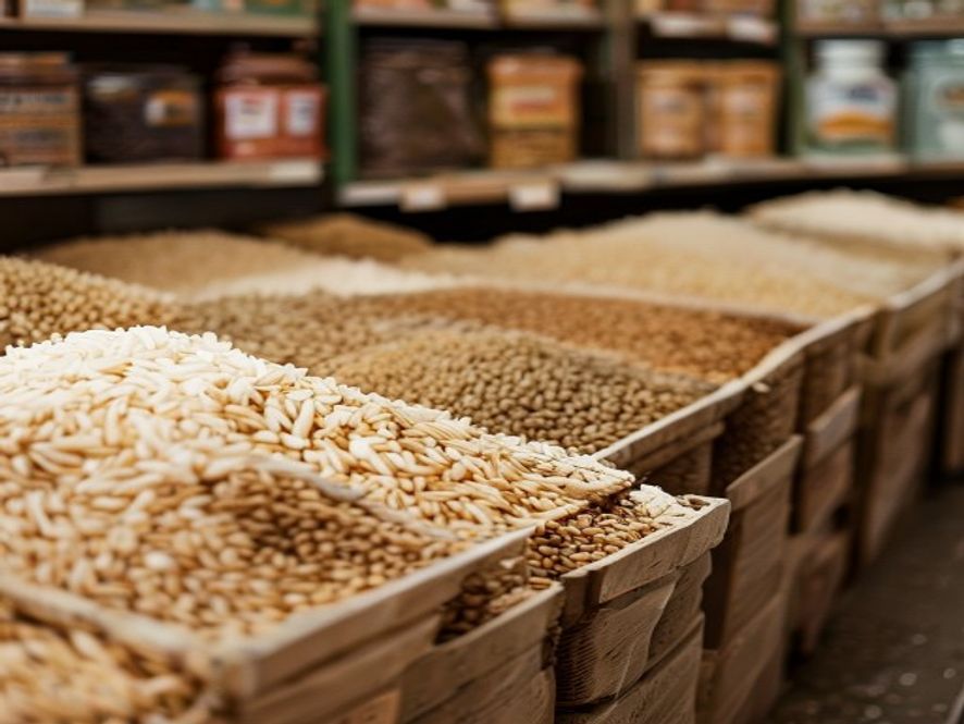 Bulk bins filled with rice, pasta, beans, and dried grains in a natural grocery store