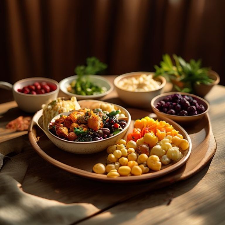 Arranged meal components showing protein, grains, and vegetables in a balanced composition