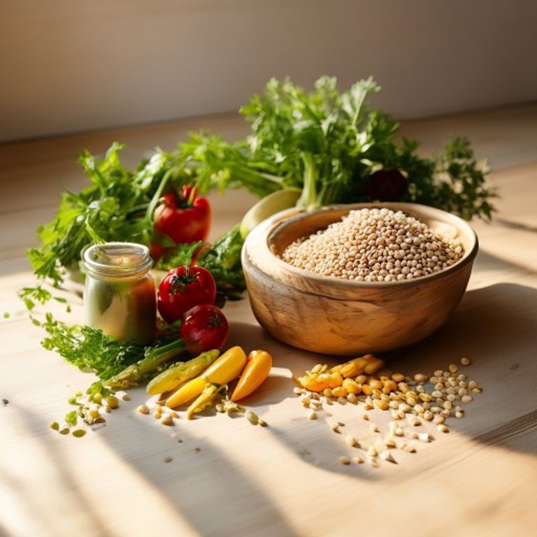 Fresh vegetables and grains arranged on a wooden counter