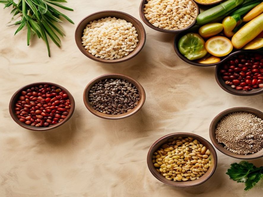 Lentils, beans, rice, and seasonal vegetables arranged in small bowls