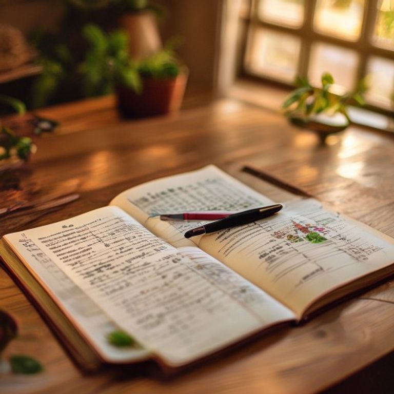 Open notebook with meal planning notes, pen, and printed guides on a wooden desk