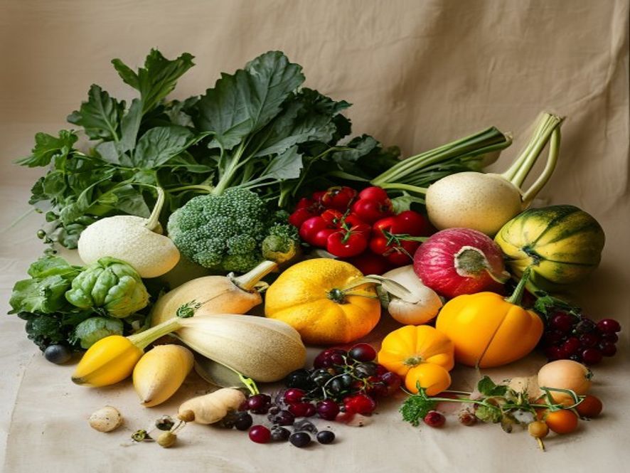 Colorful seasonal produce arranged by season showing spring greens, summer berries, autumn squash, and winter roots