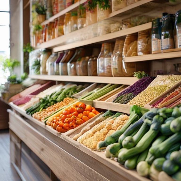 Produce section with various affordable vegetables and grains displayed on market shelves