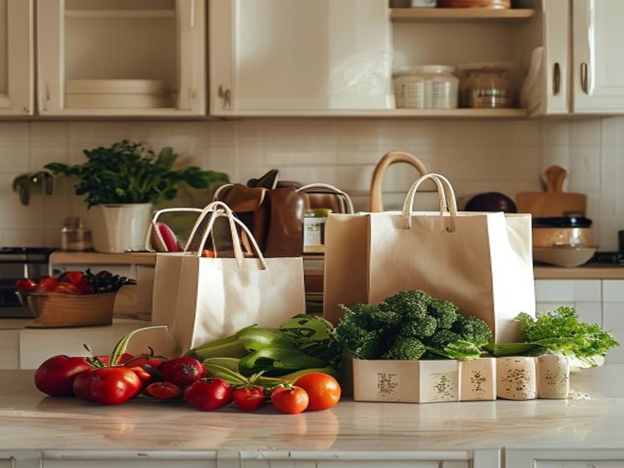 Organized grocery bags with fresh produce and pantry staples on a kitchen table